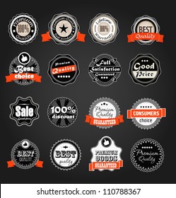 Shopping labels collection. Premium quality, Satisfaction etc on black