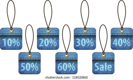 Shopping labels made of jeans. Square price tags. Vector illustration