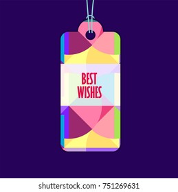 Shopping labels on colorful polygon pattern paper with text.
