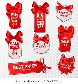 Shopping labels. Red price tags special offer, sale retail, promotion messaging christmas pricing, discount label with satin bow vector isolated templates set