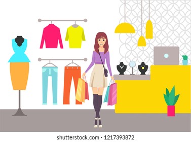 Shopping lady with bags walking from store vector. Girl in shop with clothes and accessories, hangers and mannequin with dress, trousers and sweater