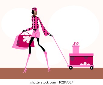Shopping lady loaded with shopping