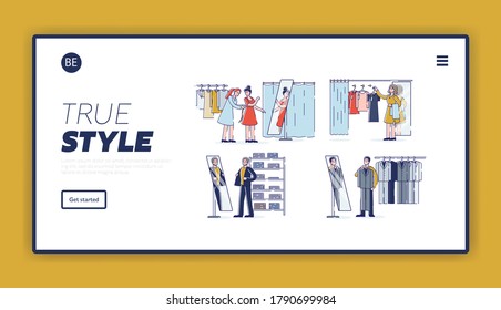 Shopping landing page with people choosing clothes in boutique. Cartoon male and female customers try outfit in fitting room look in mirror. Shopping and fashion concept. Linear vector illustration
