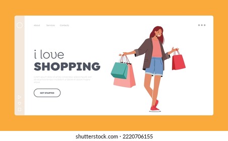 Shopping Landing Page Template. Cheerful Shopaholic Girl with Purchases in Paper Bags. Happy Stylish Woman Holding Packages. Female Buyer Having Fun during Seasonal Sale. Cartoon Vector Illustration