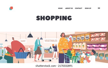 Shopping Landing Page Template. People Visiting Supermarket. Happy Man And Woman Choosing Products In Store, Old And Young Characters Walk At Shop Shelves With Bags. Cartoon Vector Illustration