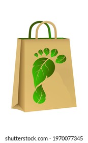 Shopping light brown paper bag with recycle oncept symbol green leath footprint.