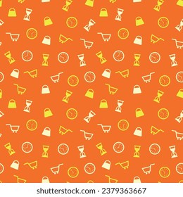 Shopping and Limited Time Icons Pattern - Yellow and White Icons of Shopping Cart, Clock, Shopping Bag and Hourglass in Orange Background. Square Shape, Seamless Link