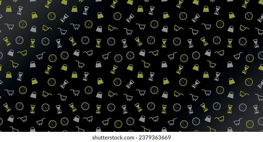 Shopping and Limited Time Icons Pattern - Gold and Silver Icons of Shopping Cart, Clock, Shopping Bag and Hourglass in Black Background with Gradient. Banner Rectangle