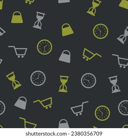 Shopping and Limited Time Icons Pattern - Gold and Silver Icons of Shopping Cart, Clock, Shopping Bag and Hourglass in Black Background. Square Shape, Seamless Link