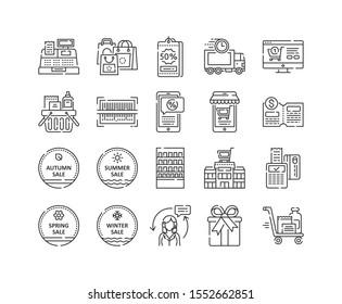 Shopping line black icons set. Commerce. Signs for web page, app, promo. UI/UX/GUI design elements. Vector isolated object. Editable stroke. 