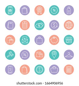shopping line and block style icon set design of Commerce market store shop retail buy paying banking and consumerism theme Vector illustration