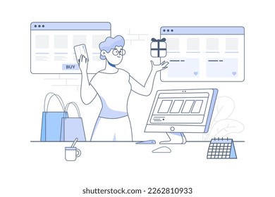 Shopping line concept with people scene in the flat cartoon design. Woman chooses and buys different goods on the online store. Vector illustration.