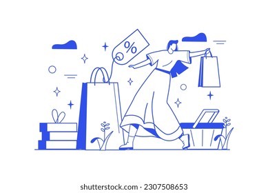 Shopping line concept with people scene in the flat cartoon design. A girl buys a lot of things with discounts on a shopping spree. Vector illustration.