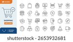 Shopping line editable icon set. Containing basket, shopping cart, discount, online shopping, sale, client, delivery, wallet, shop, and more. Editable stroke. Vector illustration
