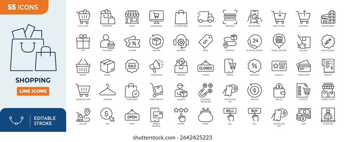 Shopping line editable icon set. Containing cart, shop, offer, delivery, e-commerce, buy, product, customer, online shopping and more. Editable stroke. Vector illustration