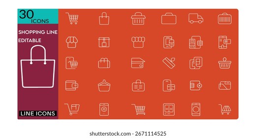 Shopping line editable icon set. Containing cart, shop, offer, delivery, e-commerce, buy, product, customer, online shopping and more. Editable stroke. Vector illustration