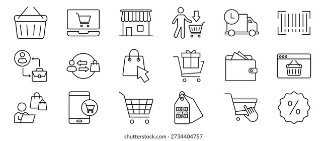 Shopping line editable icon set. Containing basket, shopping cart, discount, online shopping, sale, client, delivery, wallet, shop, and more. Editable stroke. Vector illustration