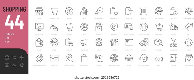 
 Línea de compras Conjunto de iconos editables. Ilustración vectorial en línea delgada estilo moderno de iconos relacionados con el comercio: cliente, tienda, producto, compra y más. Aislado en blanco
