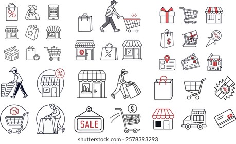 Shopping Line Editable Icons Set Featuring Commerce Symbols Like Customer, Store, Product, Purchase, Retail, and E-commerce for Digital and Print Use