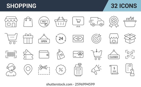 Shopping Line Editable Icons set. E-Commerce, Retail, Online Store, Delivery, and more. Vector illustration	