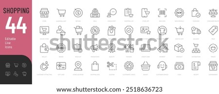 
 Shopping line Editable Icons set. Vector illustration in thin line modern style of commerce related icons: costumer, store, product, purchase, and more. Isolated on white
