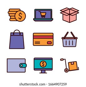 shopping line and fill style icon set design of Commerce market store shop retail buy paying banking and consumerism theme Vector illustration