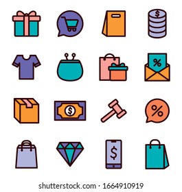 shopping line and fill style icon set design of Commerce market store shop retail buy paying banking and consumerism theme Vector illustration