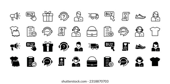 Shopping line and flat icons set. Online shopping, e-commerce, promotion, gift, buy, delivery, clothes, bag accesories, assistance, support icon collection for apps and websites. Vector illustration