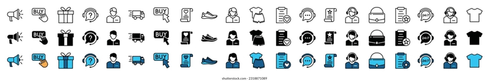 Shopping line and flat icons set. Online shopping, e-commerce, promotion, gift, buy, delivery, clothes, bag accesories, assistance, support icon collection for apps and websites. Vector illustration