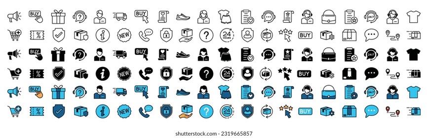 Juego de iconos planos y de línea de compras. Compras en línea, colección de iconos de comercio electrónico. Compra, compra, entrega, carrito, descuento, online, botón, nuevo, protección, soporte, lista de deseos y otros. Ilustración del vector