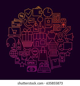 Shopping Line Icon Circle Concept. Vector Illustration of Online Retail and Market Objects.