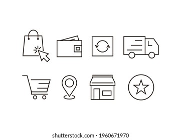 Shopping line icon of collect order, payment, process, delivery services steps, trolley, receive order in pick up point, rating. E-commerce business concept.
