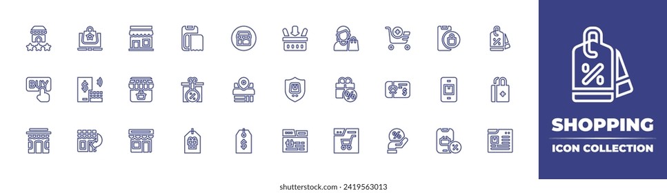 Shopping line icon collection. Editable stroke. Vector illustration. Containing shop, add to basket, order online, price tag, protection, procurement, ecommerce, online transaction, add to cart.