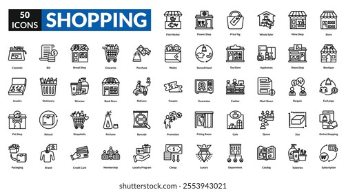 Shopping line icon collection set. Includes cart, bag, store, discount, checkout, basket, receipt, payment, sale, product, barcode, coupon, cashier, shelf, retail, store