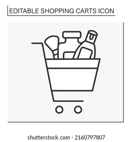  Shopping line icon. Cosmetology. Shopaholism. Basket with cosmetic productions. Shopping cart concept. Isolated vector illustration. Editable stroke