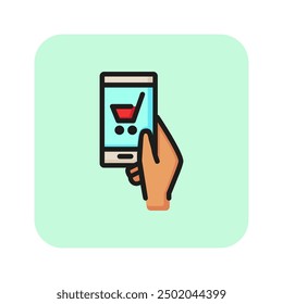 Shopping line icon. Shopping, mobile, app, smartphone. Internet shopping concept. Vector illustration can be used for topics like internet, mobile, web apps