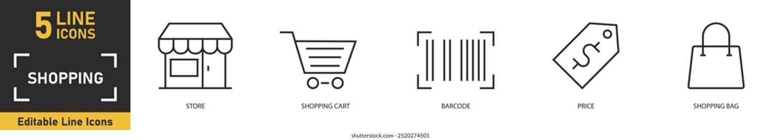 Shopping line icon set. Set of 5 outline icons related to store, shopping cart, barcode, price, shopping bag and more. Vector illustration.