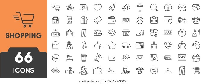 Conjunto de ícones da linha de compras. Conjunto de 66 ícones de tópicos incluindo carrinho, saco, compra on-line, desconto, entrega e pagamento. Traçado editável. Ilustração de vetor linear.