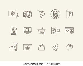 Shopping line icon set. Buying food, discount coupon, goods delivery. Ecommerce concept. Can be used for topics like supermarket, online store, ordering