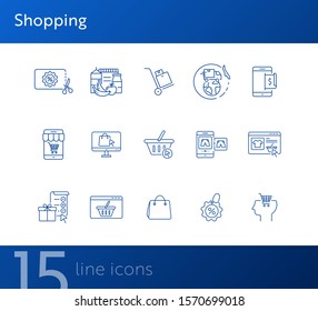 Shopping line icon set. Buying food, discount coupon, goods delivery. Ecommerce concept. Can be used for topics like supermarket, online store, ordering