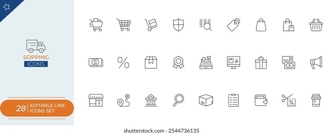 Shopping Line Icon Set" es una colección de iconos minimalistas basados en Vectores que representan varios conceptos relacionados con las compras.