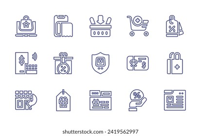 Shopping line icon set. Editable stroke. Vector illustration. Containing add to basket, order online, price tag, protection, procurement, ecommerce, online transaction, add to cart, black friday.