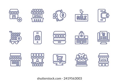 Shopping line icon set. Editable stroke. Vector illustration. Containing store, buy, ewallet, kiosk, flash sale, cart, online store, order, smartphone, shopping mall, shop, food stall, ice cream shop.