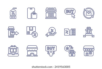 Shopping line icon set. Editable stroke. Vector illustration. Containing discount, store, return, online store, buy button, ecommerce, offer, black friday, package, coupon, gift, shop, redeem points.