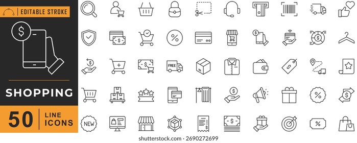 Conjunto de iconos de línea de compras. Trazo editable. Ilustración vectorial.