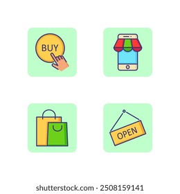 Shopping line icon set. Paper bags, open sign, mobile shop and pushing buy button. E-commerce concept. Vector illustration for web design and apps