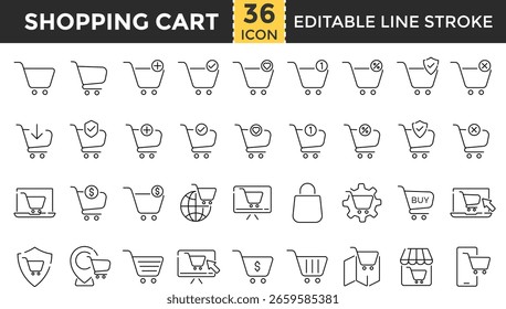 Conjunto de iconos de línea de compras: píxeles perfectos y esquemas de iconos de trazo editables para Carrito de compras, cesta, bolso, comercio electrónico, venta al por menor, compra y venta