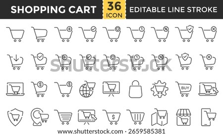Shopping Line Icon Set – Pixel perfect and Outline Editable Stroke Icons for Shopping Cart, Basket, Bag, E-commerce, Retail, Purchase and Sale