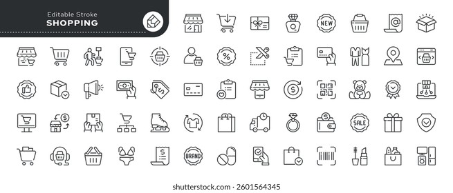 Shopping line icon set. Shop, store, cart, market, buyer, purchase, goods and more. Outline vector icon in linear style. Pictogram collection	
