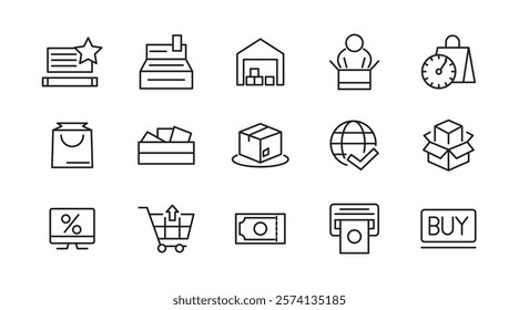 Shopping line icon set. Supermarket, cart, online shopping, commerce, mobile shop, testimonials, shipping, purchase, Package, basket, bag line icon set. UI thin line icon pack.